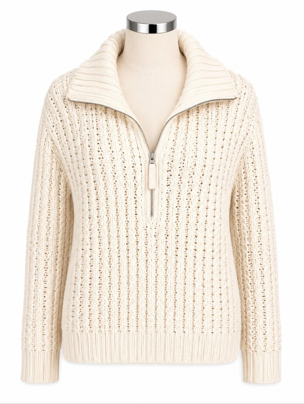 Aerie NWT Women's Ivory Cable Car Chunky Quarter Zip Sweater Sz L Casual Cozy